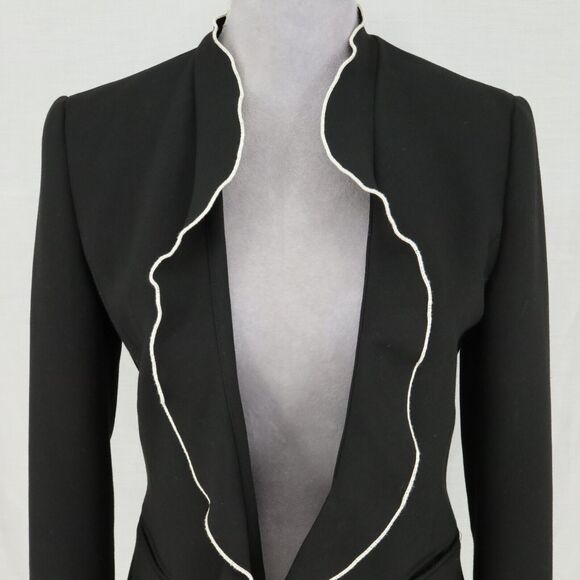 Zara Basic Jacket Womens Small Black White Trim Ruffle Front Lined Open Pockets - Picture 7 of 16